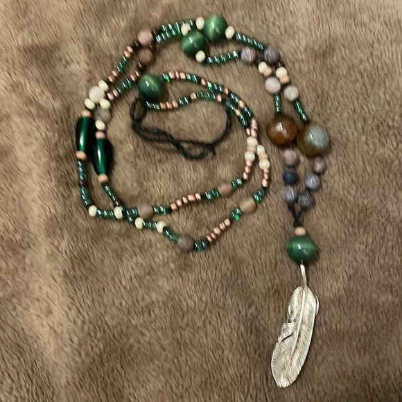 Handmade Long Bohemian Beaded Necklace w Silvertone Feather Centre Drop Charm - Picture 4 of 4